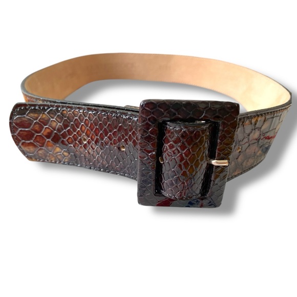 Leatherock Brown Leather Embossed Snakeskin Rectangle Buckle Sz 30 1.5” Wide - Picture 2 of 9